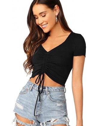 Verdusa Women's Ruched Drawstring Front V Neck Crop Tee Top