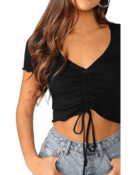 Verdusa Women's Ruched Drawstring Front V Neck Crop Tee Top Verdusa Women's Ruched Drawstring Front V Neck Crop Tee Top