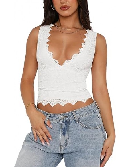 REORIA Womens Sexy V-Neck Sleeveless Double Lined Going Out Y2K Trendy Lace Cropped Tank Tops