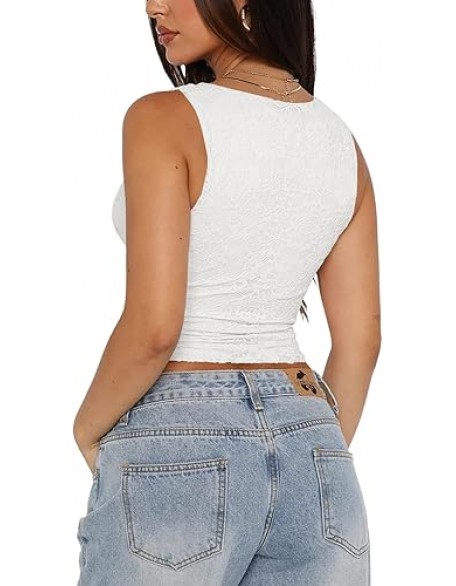 REORIA Womens Sexy V-Neck Sleeveless Double Lined Going Out Y2K Trendy Lace Cropped Tank Tops