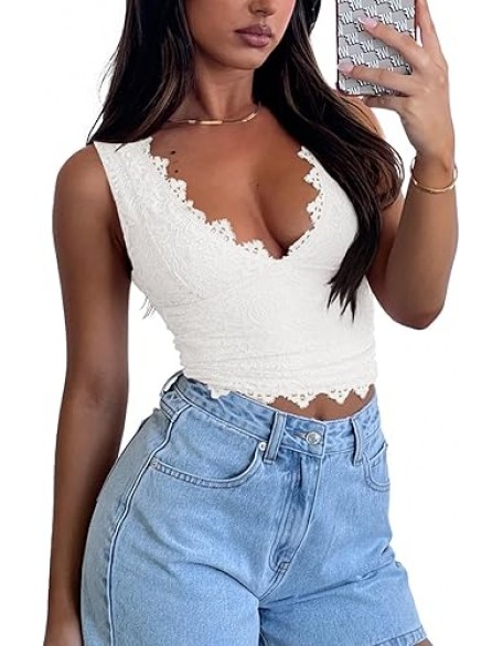 REORIA Womens Sexy V-Neck Sleeveless Double Lined Going Out Y2K Trendy Lace Cropped Tank Tops