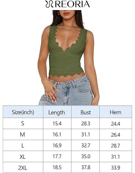 REORIA Womens Sexy V-Neck Sleeveless Double Lined Going Out Y2K Trendy Lace Cropped Tank Tops