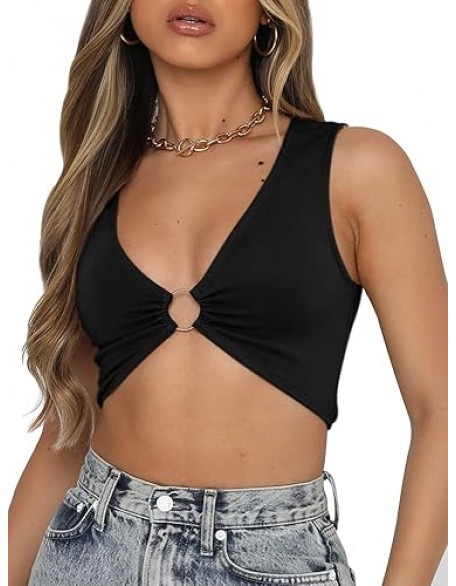 AEVZIV Sexy Crop Tops for Women Sleeveless Deep V Neck Workout Tops Plunge Ring Cleavage Cropped Tank Top AEVZIV Sexy Crop Tops for Women Sleeveless Deep V Neck Workout Tops Plunge Ring Cleavage Cropped Tank Top