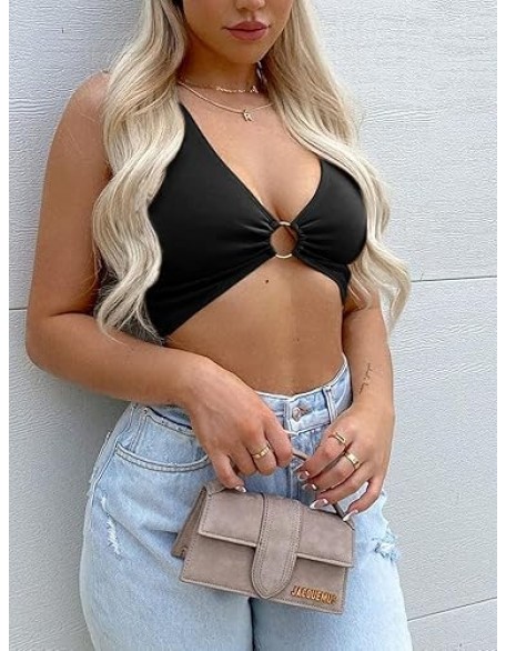 AEVZIV Sexy Crop Tops for Women Sleeveless Deep V Neck Workout Tops Plunge Ring Cleavage Cropped Tank Top AEVZIV Sexy Crop Tops for Women Sleeveless Deep V Neck Workout Tops Plunge Ring Cleavage Cropped Tank Top