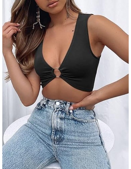 AEVZIV Sexy Crop Tops for Women Sleeveless Deep V Neck Workout Tops Plunge Ring Cleavage Cropped Tank Top AEVZIV Sexy Crop Tops for Women Sleeveless Deep V Neck Workout Tops Plunge Ring Cleavage Cropped Tank Top